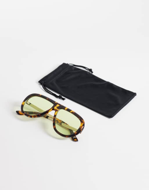 ASOS DESIGN metal temple aviator in tort with light green lens, 3 of 3