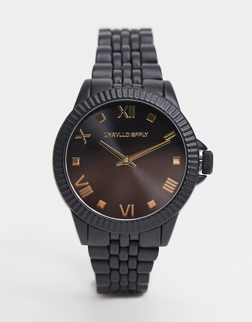 ASOS DESIGN metal watch with gold detail in black