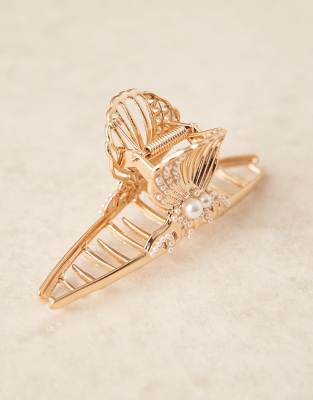Asos Design Metal Xl Claw With Shell Design And Pearl Details