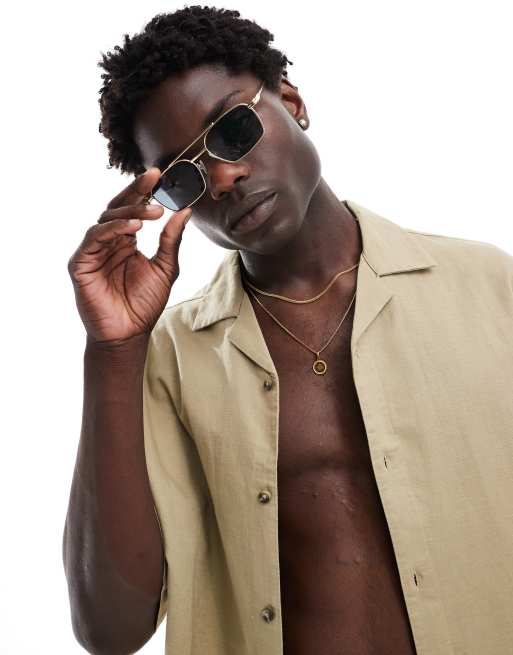 ASOS DESIGN - Metalen aviator zonnebril met rookglazen in goud