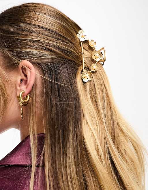 ASOS DESIGN - Metalen haarklem met 3D bloemen en imitatieparels in goudkleur