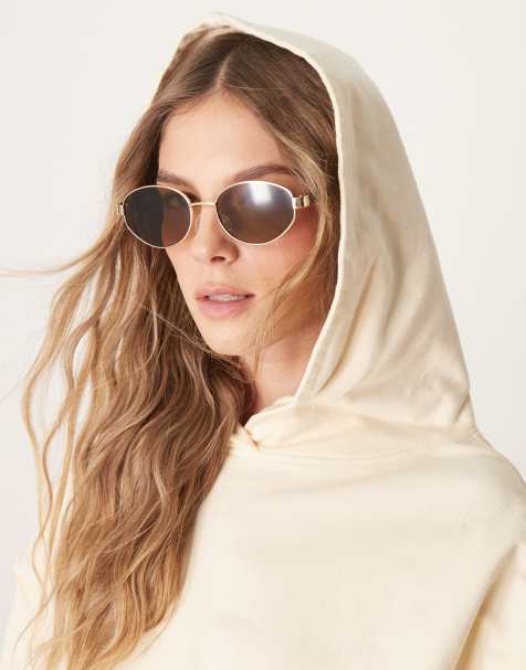 ASOS DESIGN - Metalen ovale zonnebril in goud met pootjes in tortoise - view 1