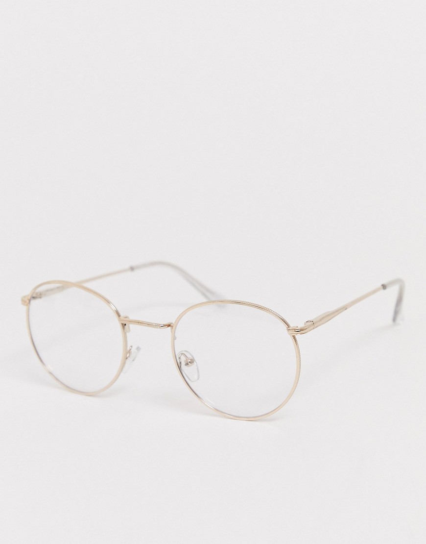 ASOS DESIGN - Metalen ronde bril met doorzichtige glazen in goud