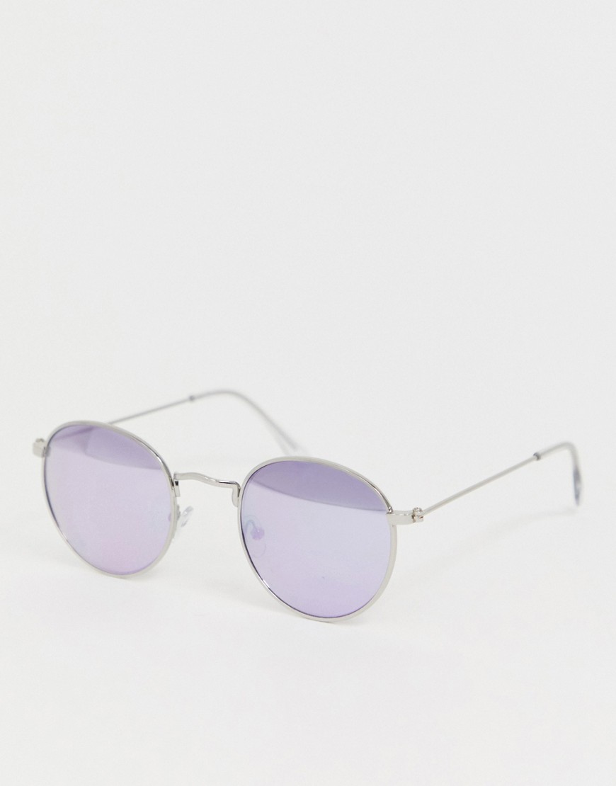 ASOS DESIGN - Metalen ronde zonnebril in zilver met spiegelende lila glazen