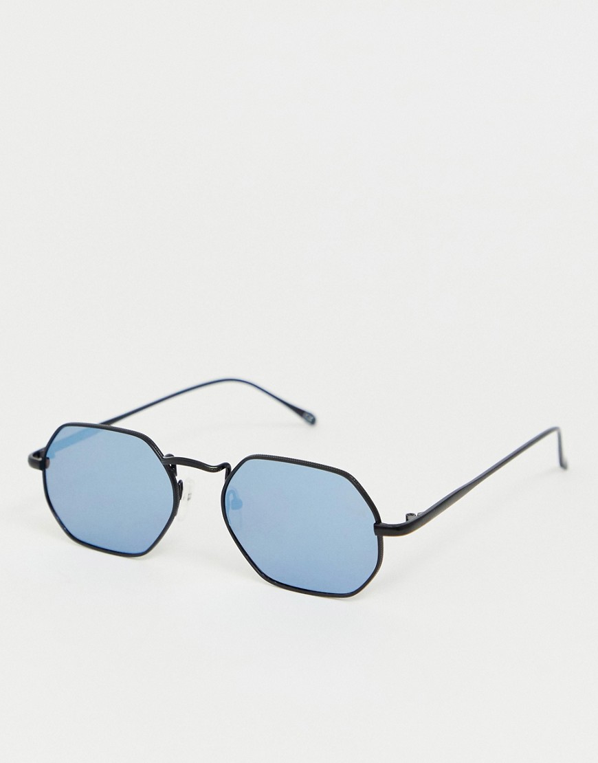 ASOS DESIGN - Metalen zeshoekige zonnebril met blauwe glazen-Zwart