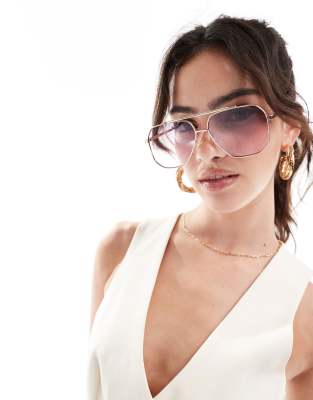 ASOS DESIGN - Metall-Pilotensonnenbrille im 70er-Stil mit Gläsern mit rosa Farbverlauf-Goldfarben