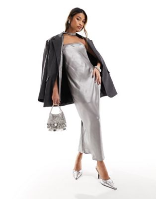 Asos Design Metallic Bandeau Midi Dress With Matching Neck Tie In Silver