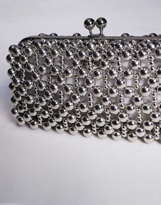 ASOS DESIGN metallic beaded box grab clutch bag in silver