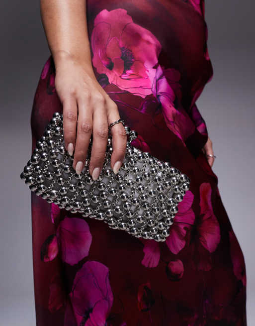ASOS DESIGN metallic beaded box grab clutch bag in silver