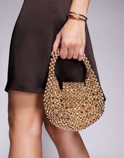 ASOS DESIGN metallic beaded flap over clutch bag in gold - view 1