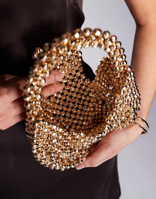 ASOS DESIGN metallic beaded flap over clutch bag in gold