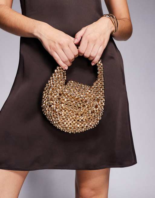 ASOS DESIGN metallic beaded flap over clutch bag in gold