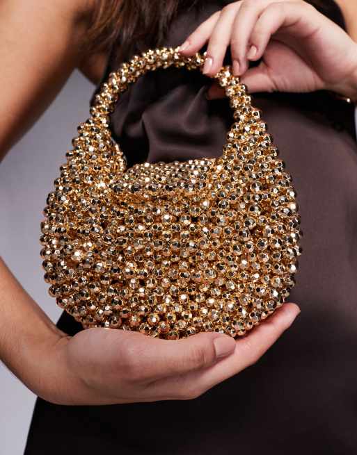 ASOS DESIGN metallic beaded flap over clutch bag in gold