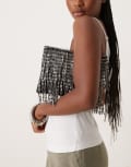 [ASOS DESIGN] ASOS DESIGN metallic beaded fringe clutch bag in gunmetal-Silver No Size Gunmetal