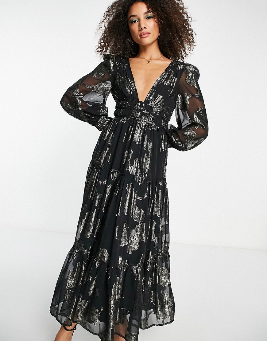 ASOS DESIGN metallic channel detail midi dress with puff sleeves and tie back detail in black
