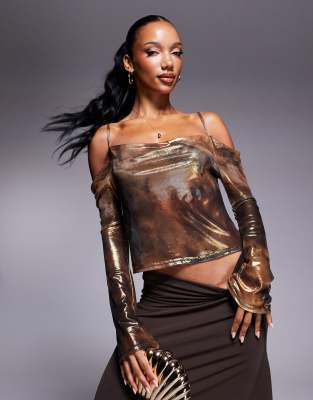 Asos Design Metallic Cold Shoulder Flared Sleeve Top In Gold Abstract Print-multi