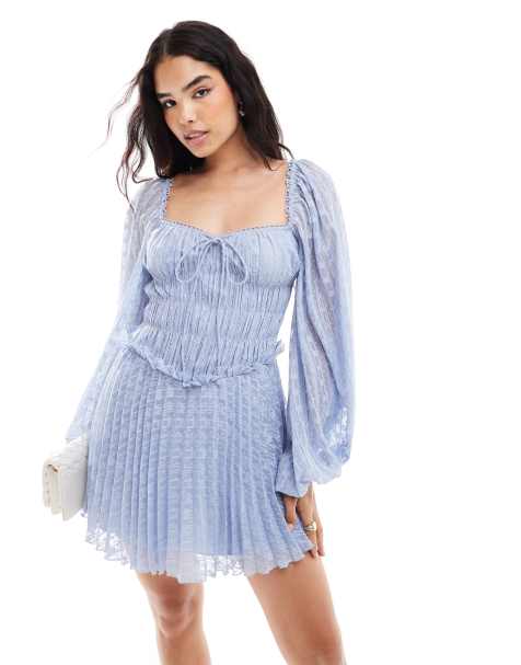 ASOS DESIGN metallic dobby milkmaid long sleeve pleated mini dress in sky blue - view 1