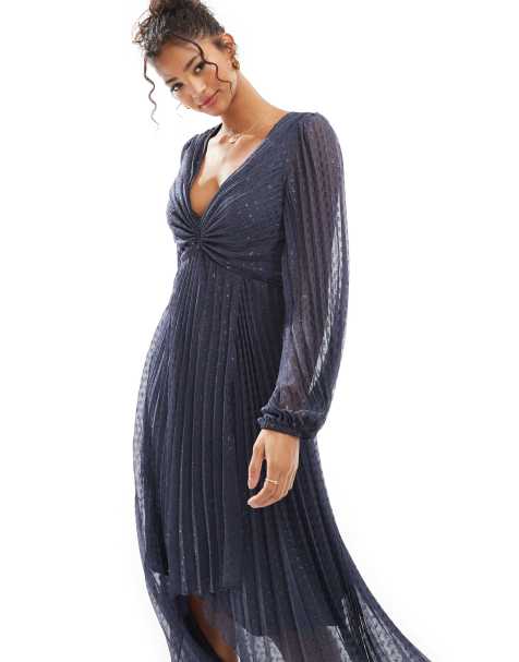 ASOS DESIGN metallic dobby pleat wrap skirt midi dress in washed navy - view 1