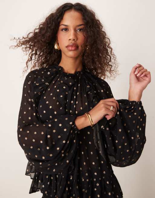 ASOS DESIGN metallic dot burnout smock top in black gold