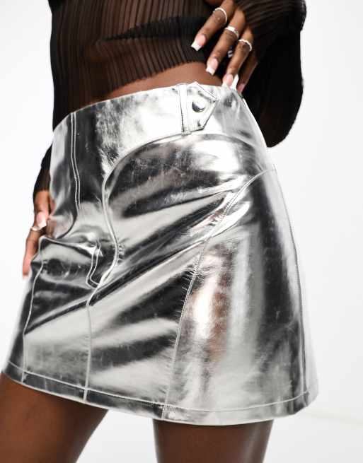 ASOS DESIGN metallic faux leather mini skirt with buckle in silver