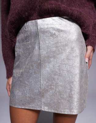 Asos Design Metallic Faux Leather Pocket Detail Mini Skirt-silver In Silver
