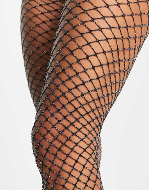 ASOS DESIGN metallic fishnet tights in silver ASOS