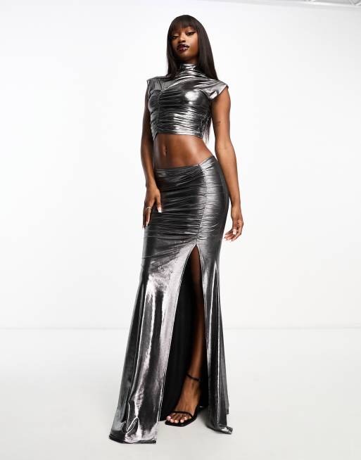 ASOS DESIGN metallic fishtail maxi skirt in silver part of a set