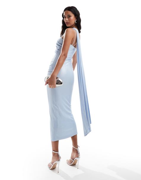 ASOS DESIGN metallic foil midi dress with quartz trim detail in baby blue - view 1