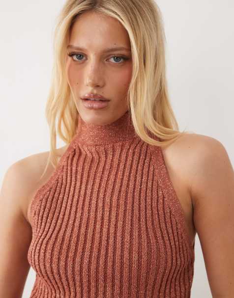 ASOS DESIGN - Metallic gebreide asymmetrische haltertop in rood - view 1