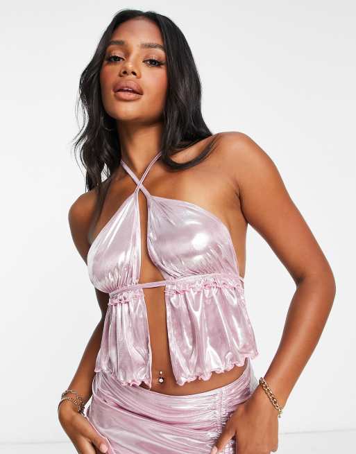 ASOS DESIGN metallic halter cami top with frill hem panels in pink (part of a set)