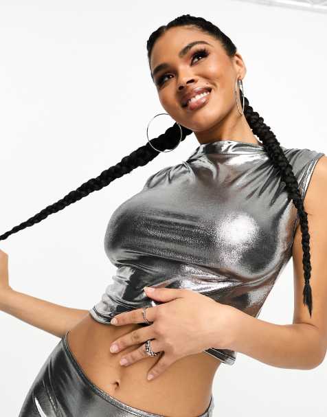 ASOS DESIGN metallic high neck top co-ord in silver metallic - view 1
