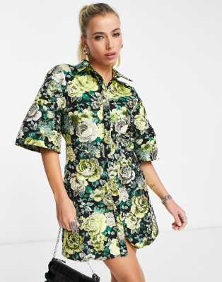 Asos Design Metallic Jacquard Kimono Sleeve Shirt Mini Dress In Large Floral-multi