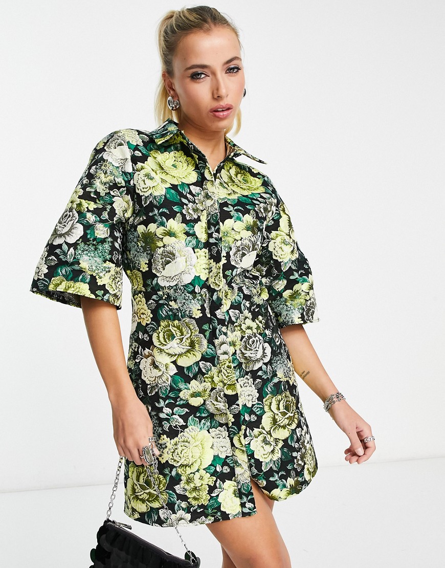 ASOS DESIGN metallic jacquard kimono sleeve shirt mini dress in large floral-Multi