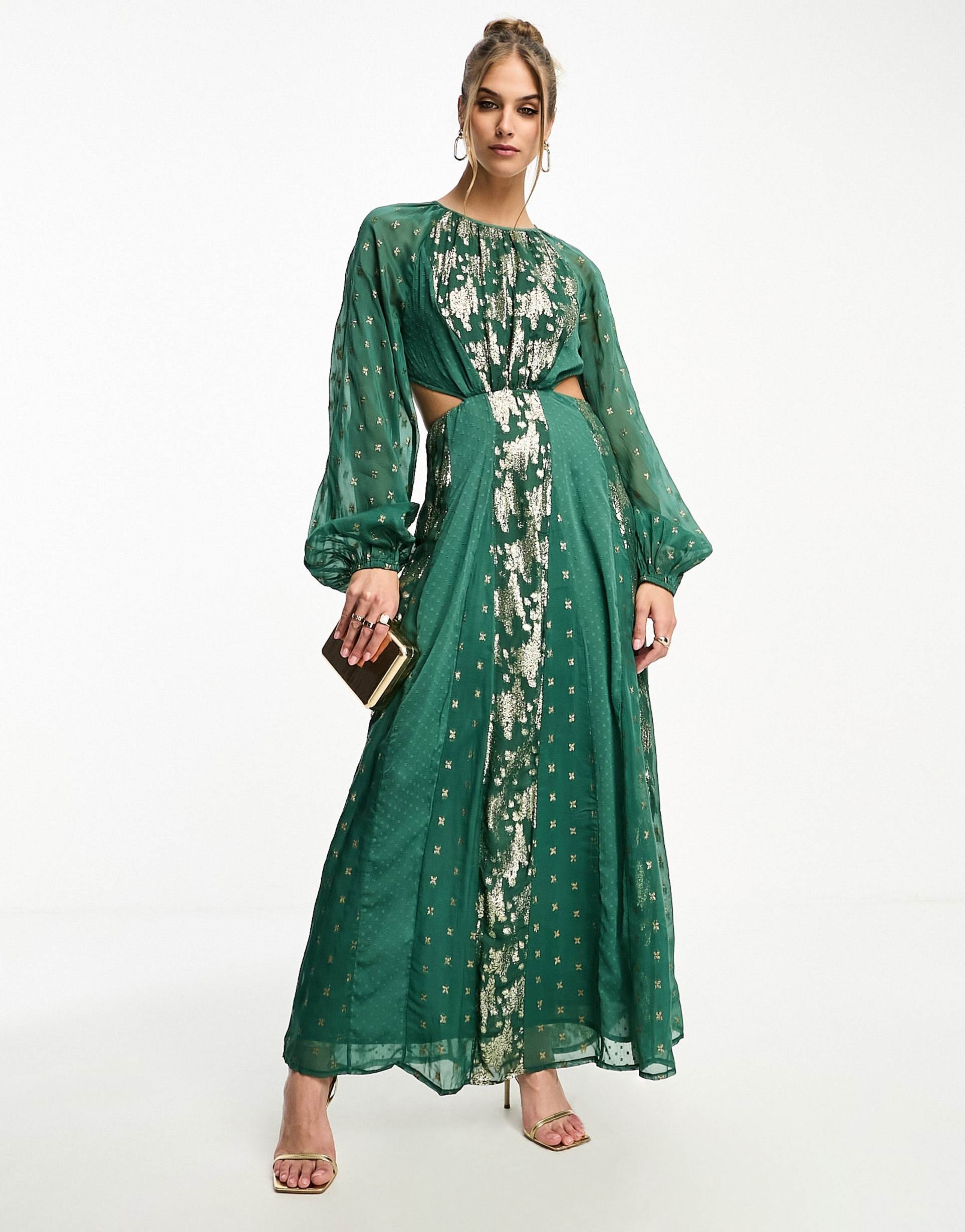 asos design metallic jacquard midi dress with elasticated back in pine green