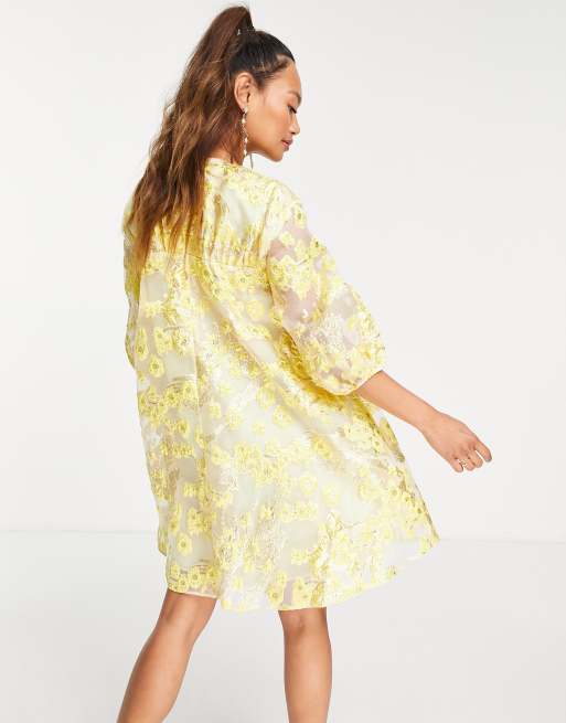ASOS DESIGN metallic jacquard mini dress with puff sleeves in yellow, 2 of 4