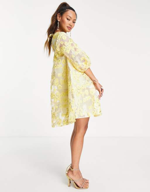 ASOS DESIGN metallic jacquard mini dress with puff sleeves in yellow