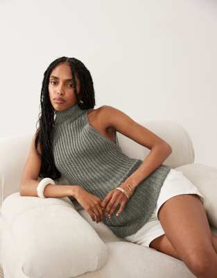 ASOS DESIGN metallic knit asymmetric halter top in khaki