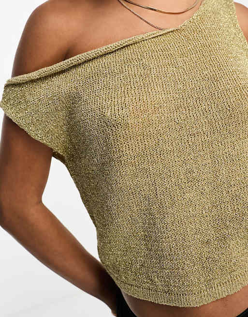 ASOS DESIGN metallic knit asymmetric top in gold | ASOS ASOS DESIGN metallic knit asymmetric top in gold | ASOS
