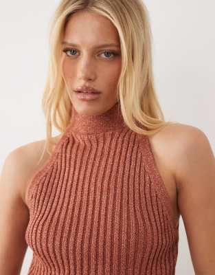 Asos Design Metallic Knit Asymmetrical Halter Top In Burgundy