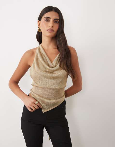 ASOS DESIGN metallic knit cowl neck asymmetric top in gold - view 1