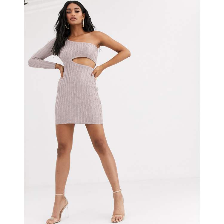 rose gold one shoulder metallic knitted dress ASOS DESIGN knit cut out mini shortsleeves