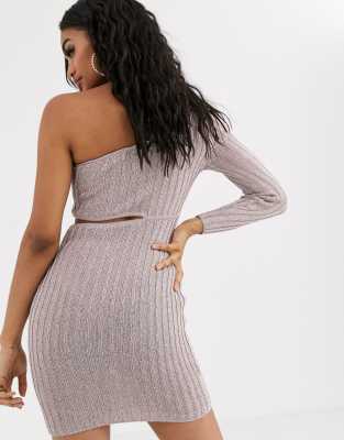 metallic knit one shoulder mini dress