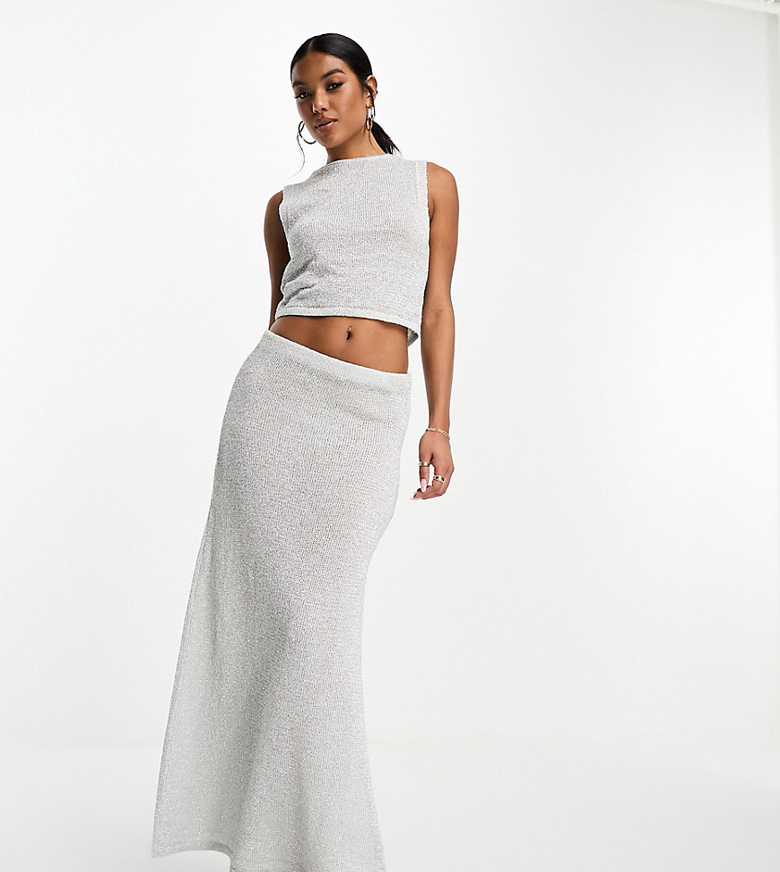 ASOS DESIGN metallic knit low rise maxi skirt co ord in silver