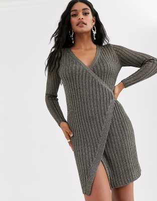 grey knit wrap dress