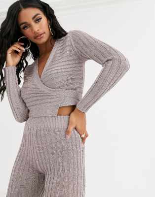 metallic knit wrap dress