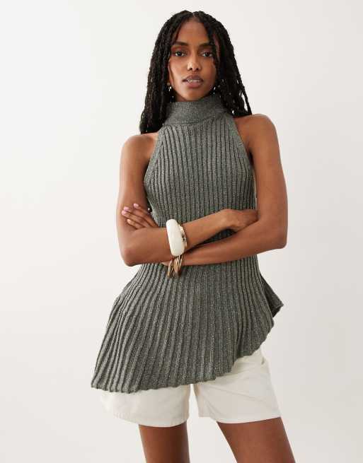 ASOS DESIGN metallic knitted asymmetrical halter top in khaki, 3 of 4