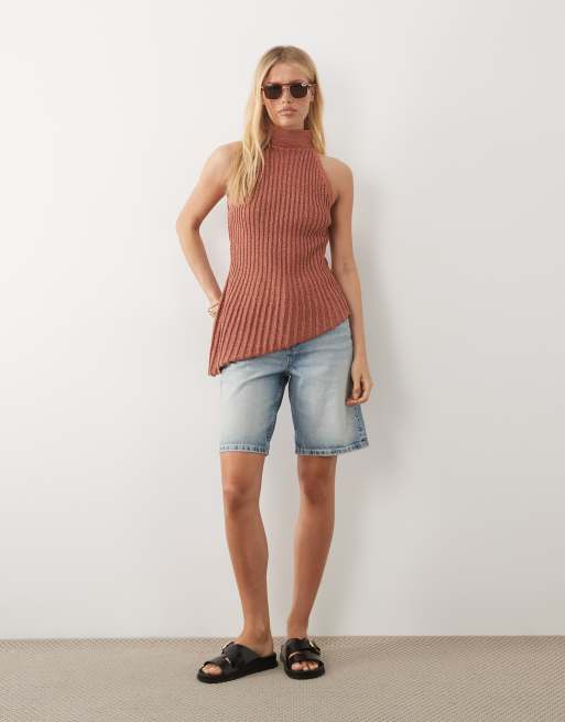 ASOS DESIGN metallic knitted asymmetrical halter top in red, 2 of 4