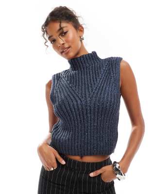 metallic knitted high neck tank-Navy