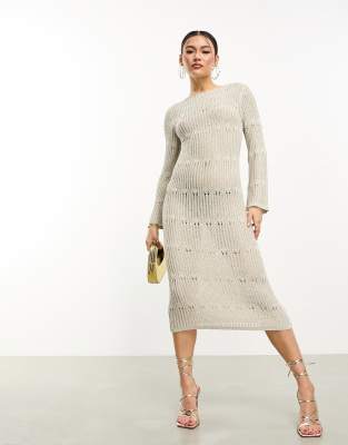 ASOS DESIGN metallic knitted maxi dress with stitch detail in silver