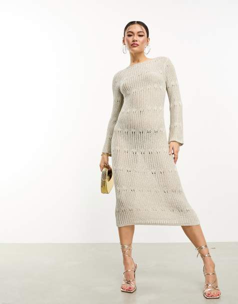ASOS DESIGN metallic knitted maxi dress with stitch detail in silver - view 1